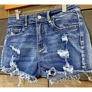 SHEIN Women’s Distressed Raw Frayed Hem Stretch Denim Shorts Blue Size S 26" Wst